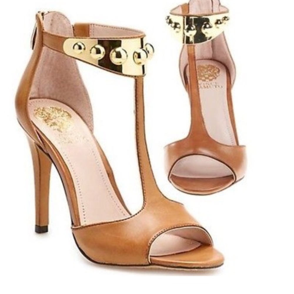 Vince Camuto open toe brown/gold Melba heels 8.5